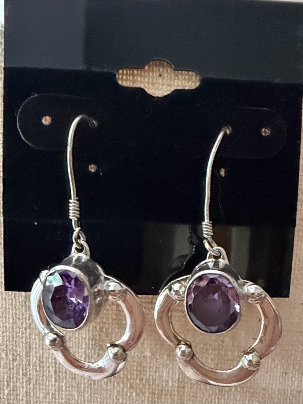 Silver Drop Earrings with Purple Gemstone